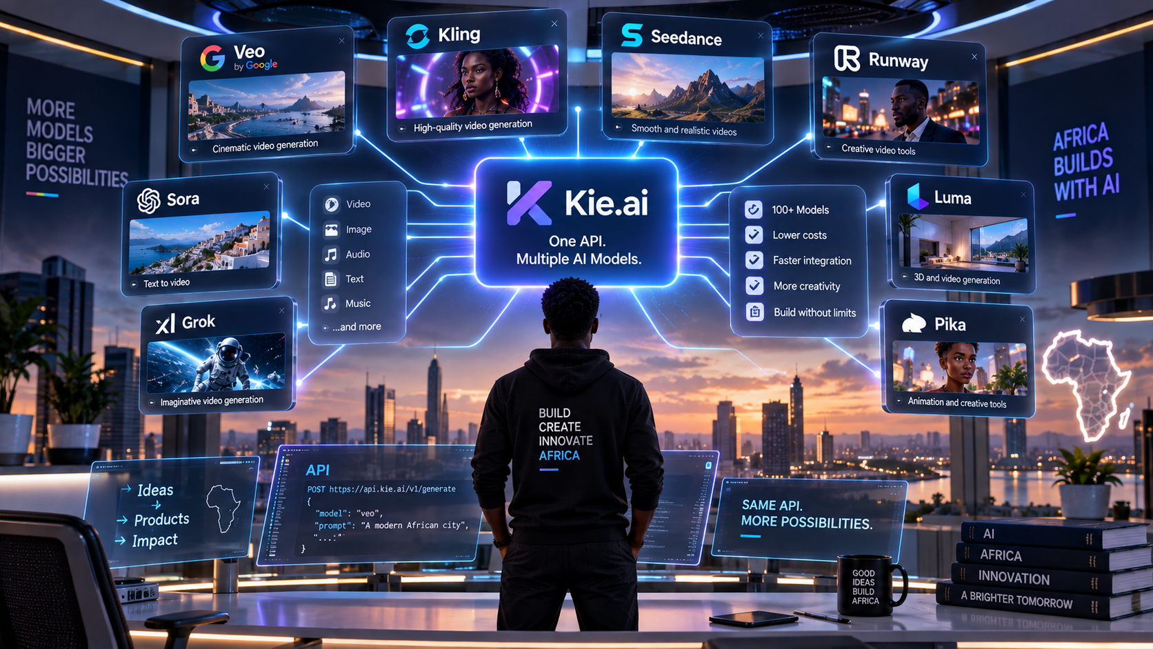 African developer standing before interconnected ecosystem of multiple generative AI models, central API connecting everything